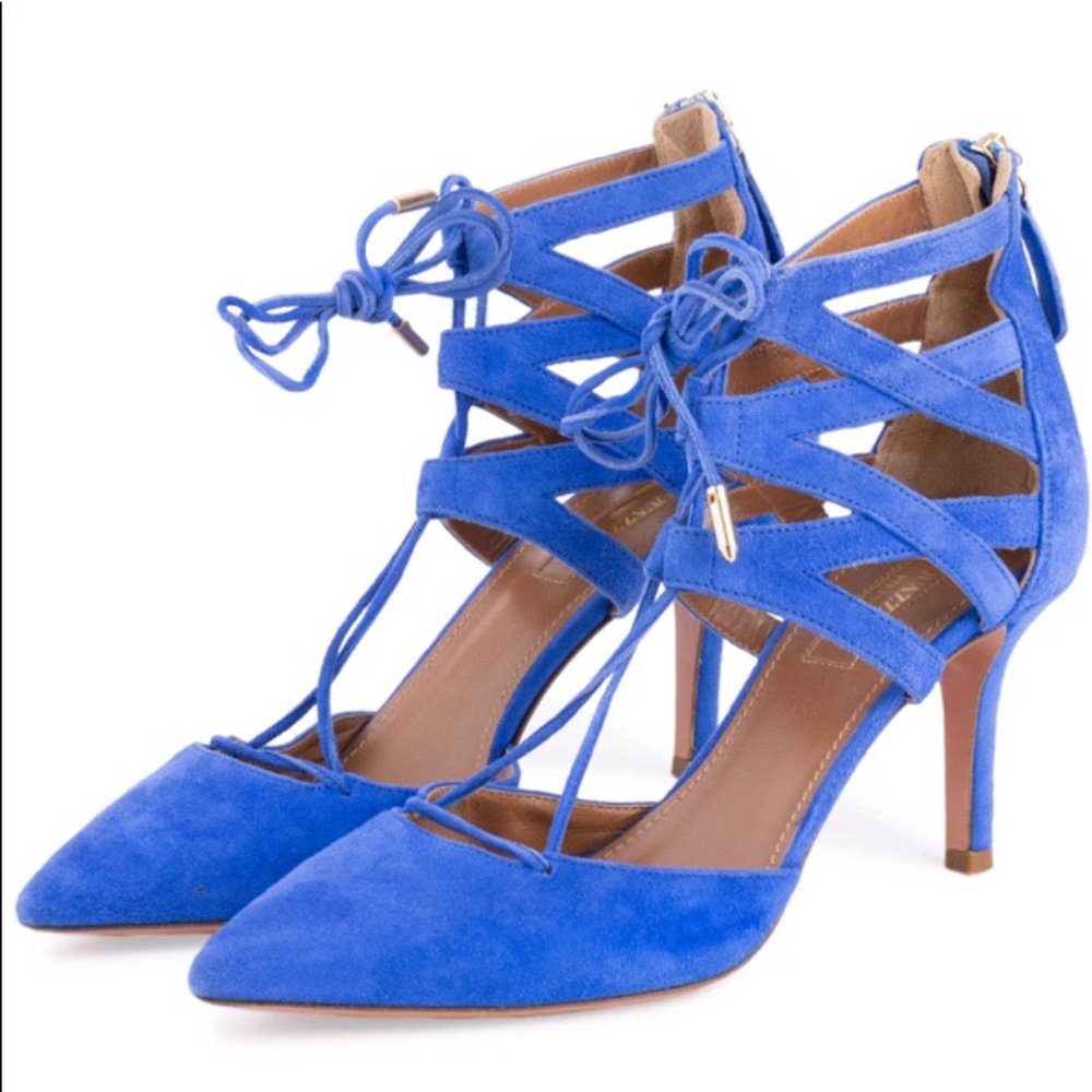 Aquazzura Cobalt Blue Suede Lace-Up Pointed-Toe Heels